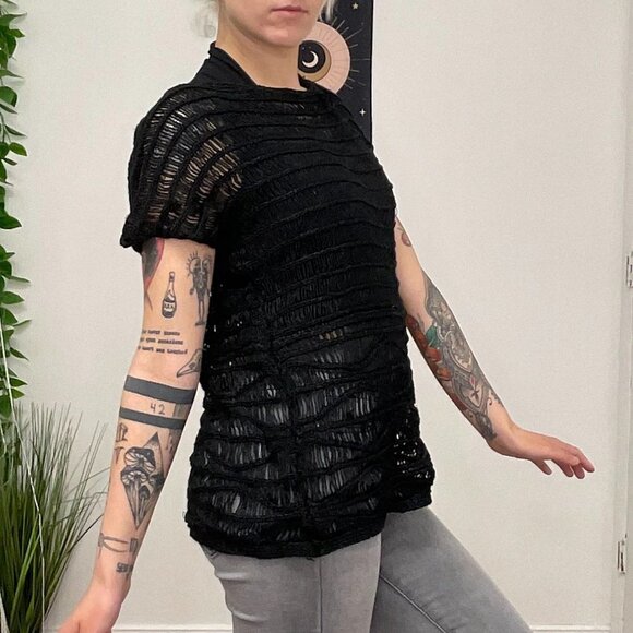 Chico's Oversize Crochet Knit Sweater Short Sleeve Size 2 Black - Picture 12 of 13